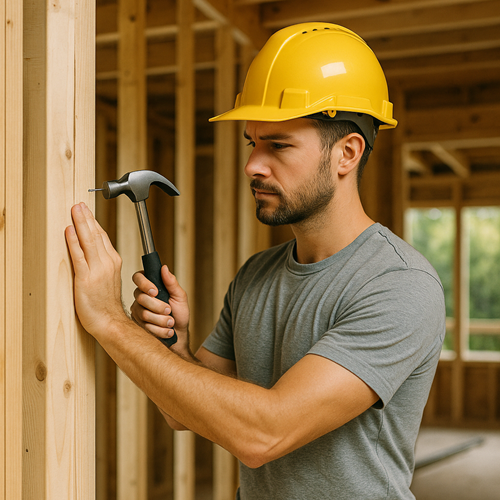 Builder Card Qualified builder working on a residential construction site in Tauranga, New Zealand, holding building plans and using power tools.