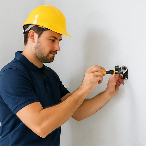 Electrician Card Professional electrician installing wiring in a modern Tauranga home, showcasing safe electrical work and expert service.