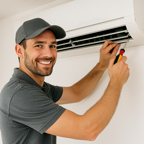 HVAC Specialist Card Professional HVAC technician servicing and installing a heat pump unit in a New Zealand residential property.