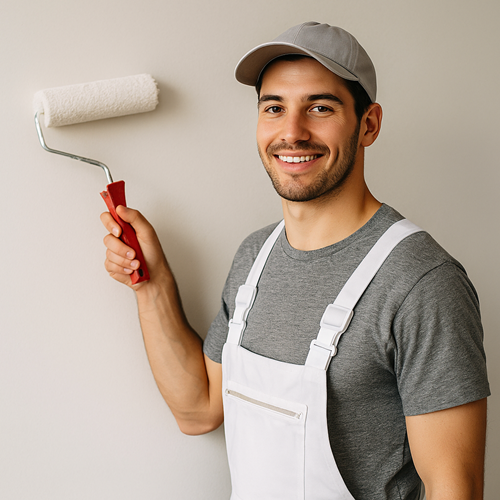 Painter Card Professional house painter applying fresh paint to an interior wall using a roller, bright clean home environment.
