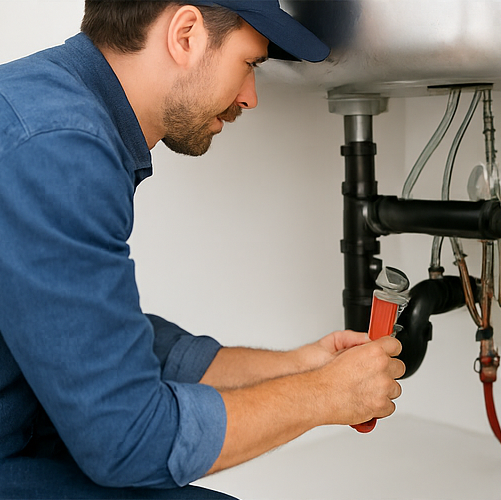 Plumber Card Licensed plumber repairing indoor water pipes under a sink in a modern Bay of Plenty home.