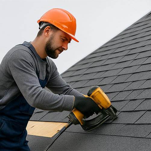 Roofer Card Roofing specialist repairing roof tiles on a Tauranga home under clear blue skies.