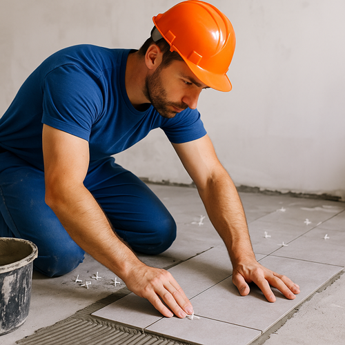 Tiler Card Experienced tiler installing new ceramic floor tiles inside a contemporary Mount Maunganui home.
